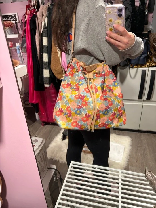 Coach Floral Drawstring Bucket Bag - Pink, Red, Blue, Yellow, Cream - Picture 13 of 15